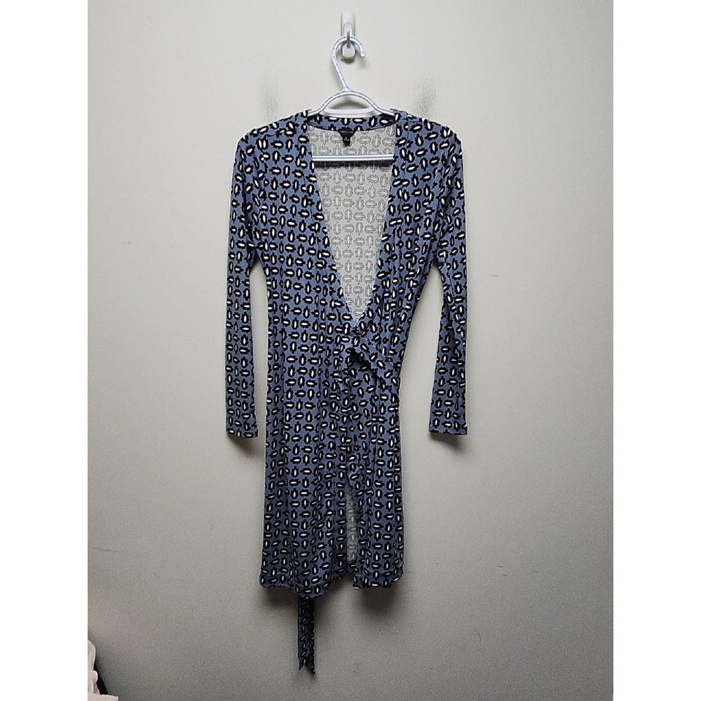 Ann‎ Taylor Blue Black White Print Long Sleeve Wrap Dress size 0